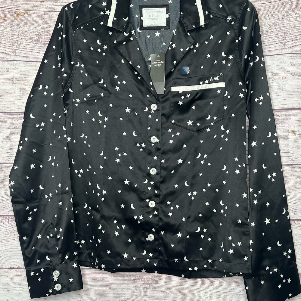 Abercrombie & Fitch Black Star Satin Button Down Pajama Top Size Small New - Picture 7 of 8